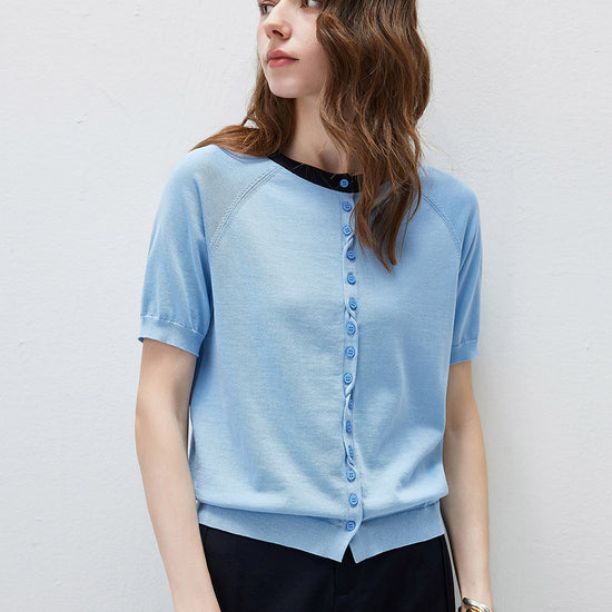 COMOBOCA Women's Contrast Trim Button Front Knit Cardigan