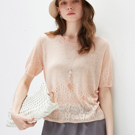 COMOBOCA Light Pink Women's Sheer Openwork Knit T-Shirt