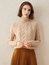 COMOBOCA Camel 100% Cashmere Women's Turtleneck Cable Knit Sweater