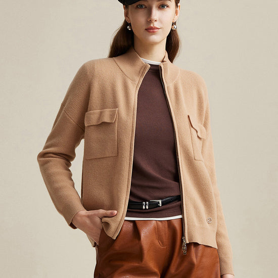 COMOBOCA Camel 100% Wool Women's Dual Zip Cardigan with Pockets