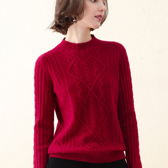 COMOBOCA DEEP RED 100% Cashmere Women's Mock Neck Knit Sweater