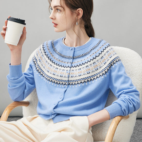 COMOBOCA 100% Cashmere Women's Fair Isle Cardigan Sweater