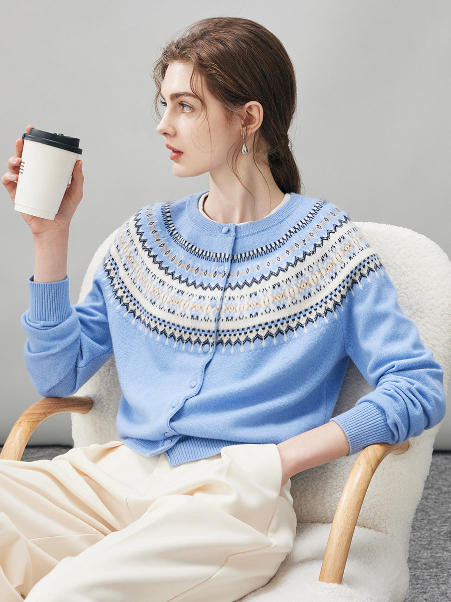 COMOBOCA 100% Cashmere Women's Fair Isle Cardigan Sweater