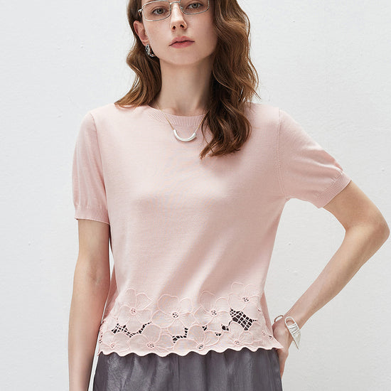COMOBOCA Light Pink Women's Floral Lace Trim Knit T-Shirt