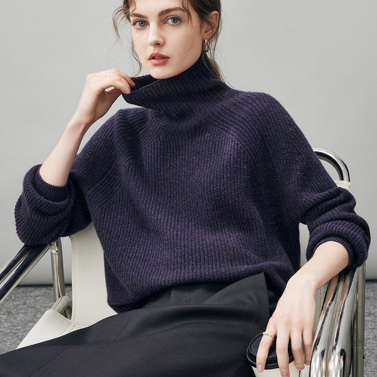 COMOBOCA 100% Cashmere Women's Ribbed Turtleneck Sweater