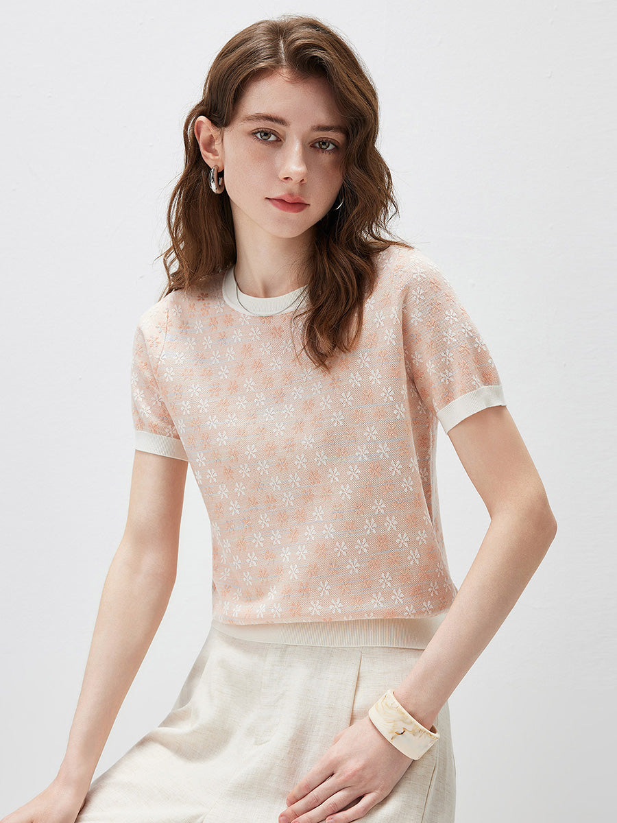 COMOBOCA Women's Ribbed Floral Textured Knit Top