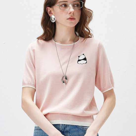 COMOBOCA Light Pink Women's Panda Motif Contrast Trim Knit T-Shirt