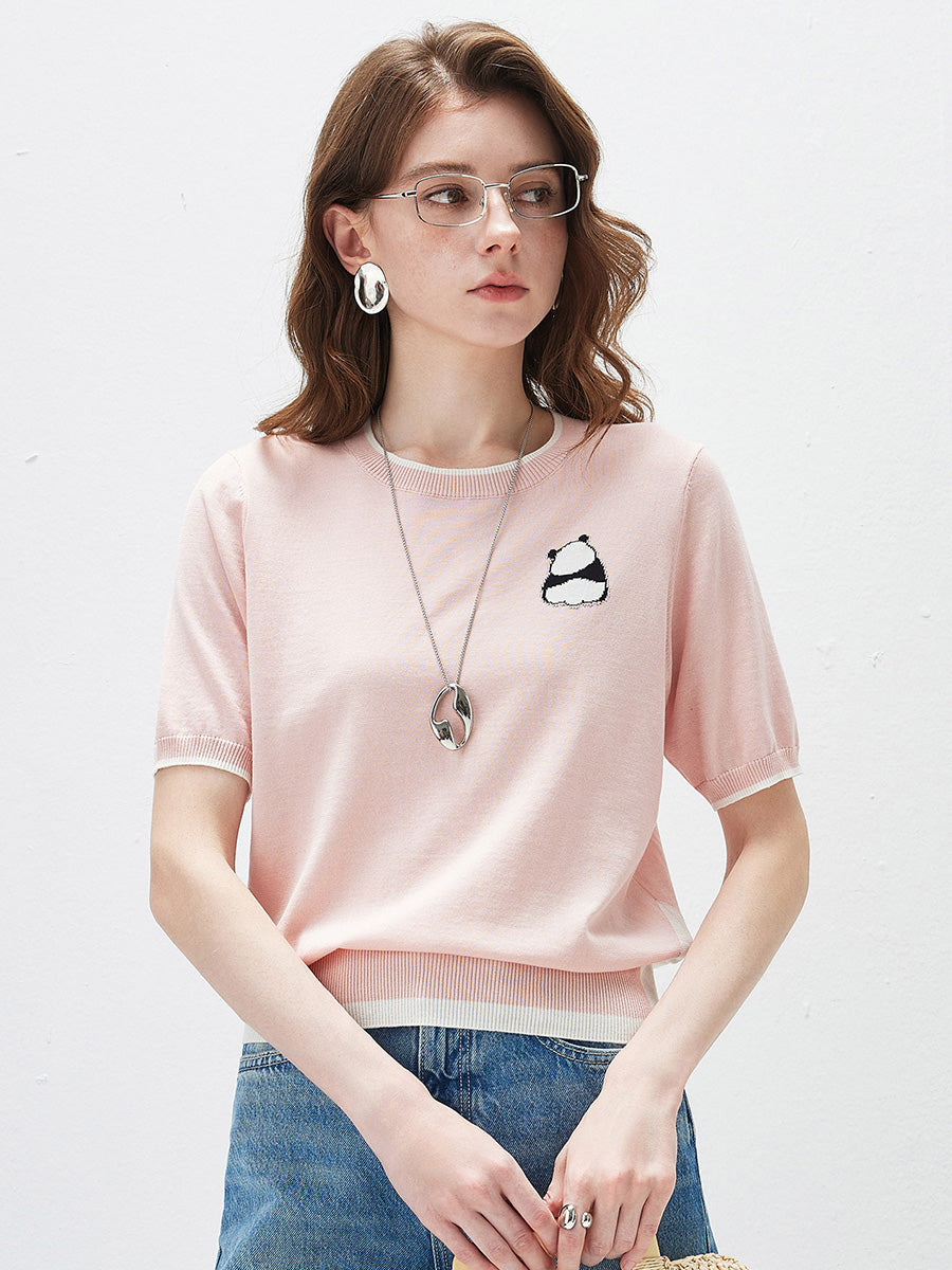 COMOBOCA Light Pink Women's Panda Motif Contrast Trim Knit T-Shirt