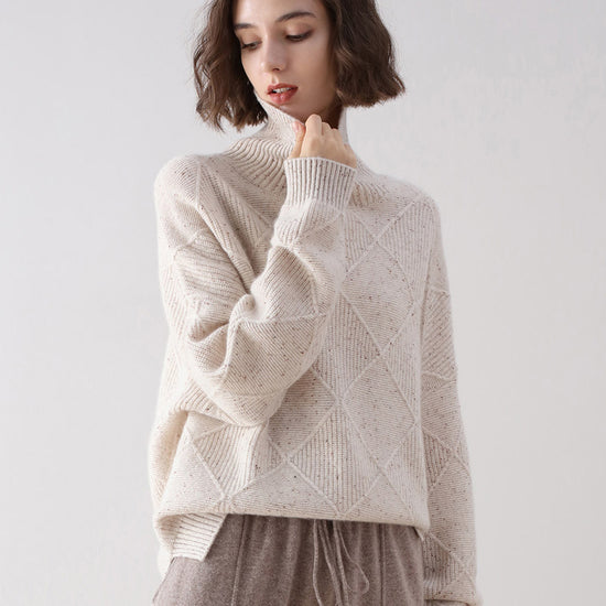 COMOBOCA 100% Cashmere Women's Diamond Knit Turtleneck Sweater
