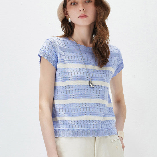 COMOBOCA Women's Cap Sleeve Striped Openwork Knit T-Shirt