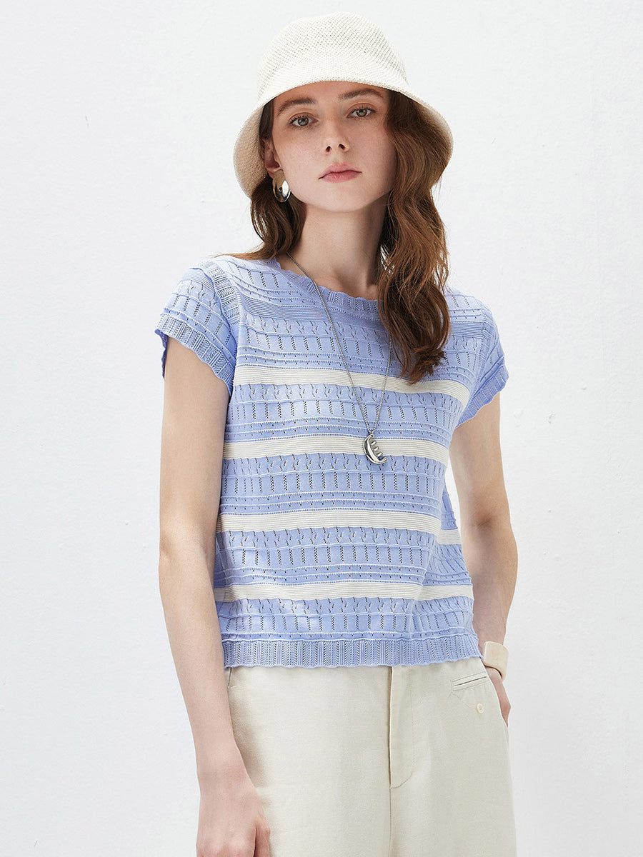 COMOBOCA Women's Cap Sleeve Striped Openwork Knit T-Shirt
