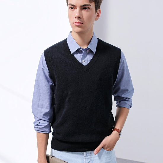 COMOBOCA BLACK 100% Cashmere Men's V-Neck Vest