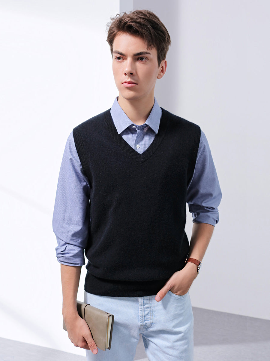 COMOBOCA BLACK 100% Cashmere Men's V-Neck Vest