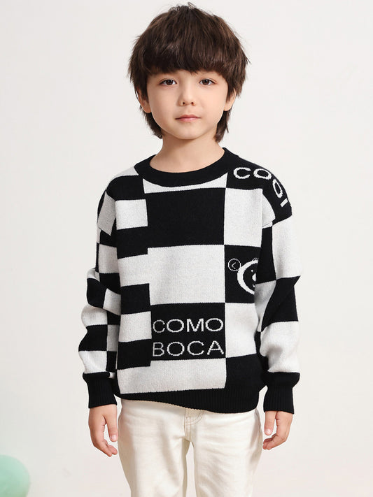 COMOBOCA BLACK 100% Wool Kids' Color Block Round Neck Sweater