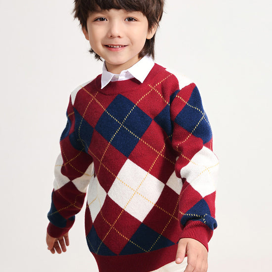 COMOBOCA RED 100% Wool Kids' Ribbed Round Neck Sweater