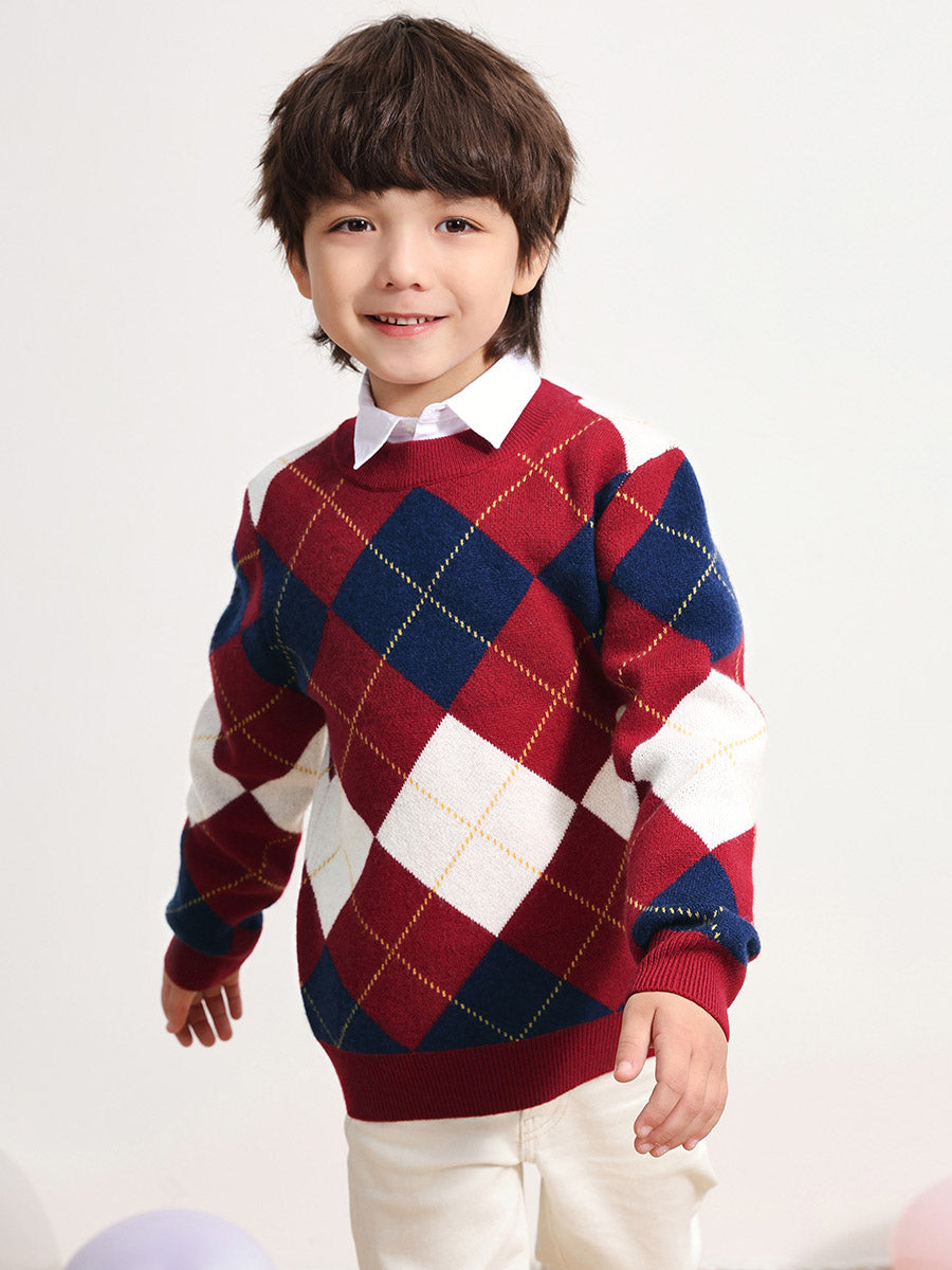 COMOBOCA RED 100% Wool Kids' Ribbed Round Neck Sweater