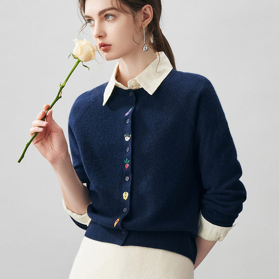COMOBOCA 100% Cashmere Women's Embroidered Button-Front Cardigan