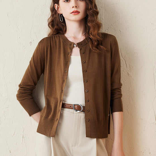 COMOBOCA Brown Women's Classic Ribbed Button Up Cardigan