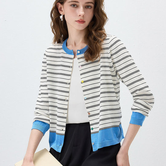 COMOBOCA Women's Striped Color Block Button Front Cardigan