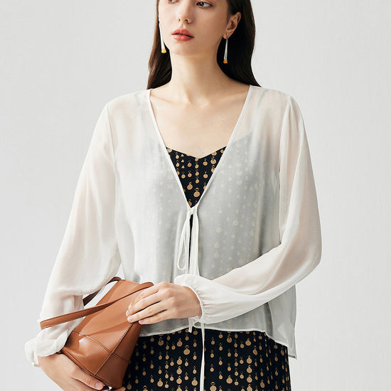 COMOBOCA White 100% Mulberry Silk Women's Tie-Front Blouse