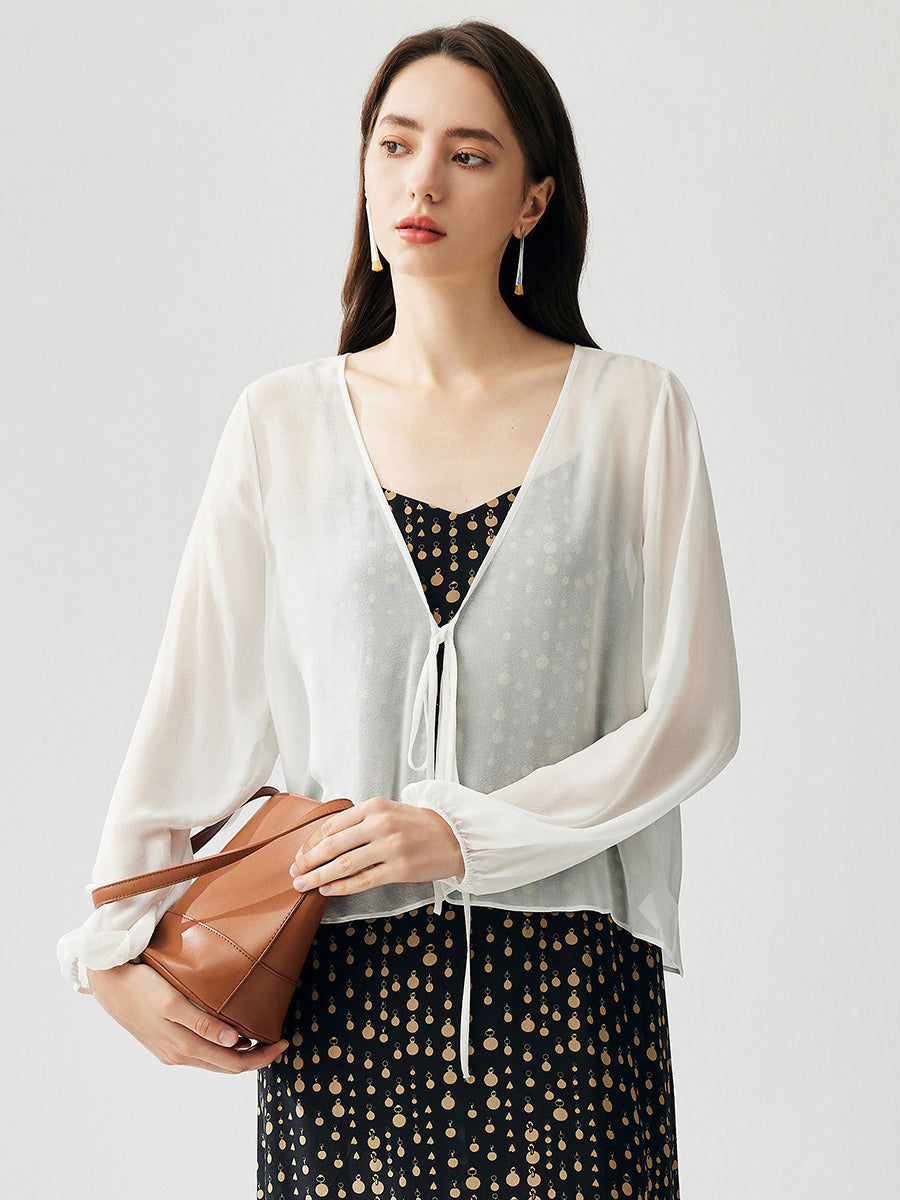 COMOBOCA White 100% Mulberry Silk Women's Tie-Front Blouse