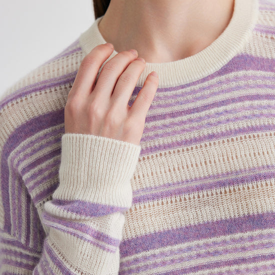 COMOBOCA 100% Cashmere Women's Striped Knit Round Neck Sweater