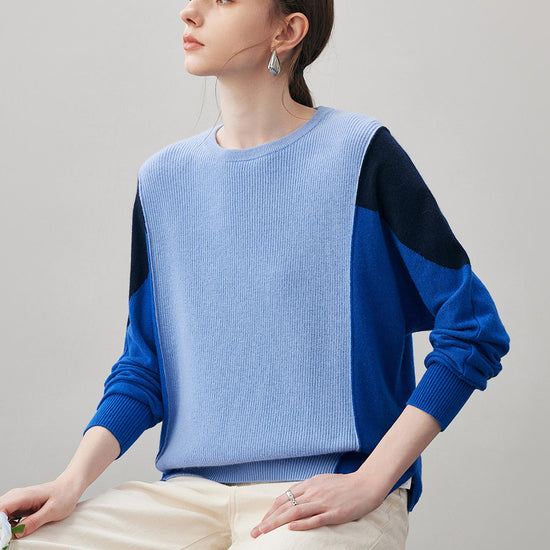COMOBOCA 100% Cashmere Women's Color Block Round Neck Knit Sweater