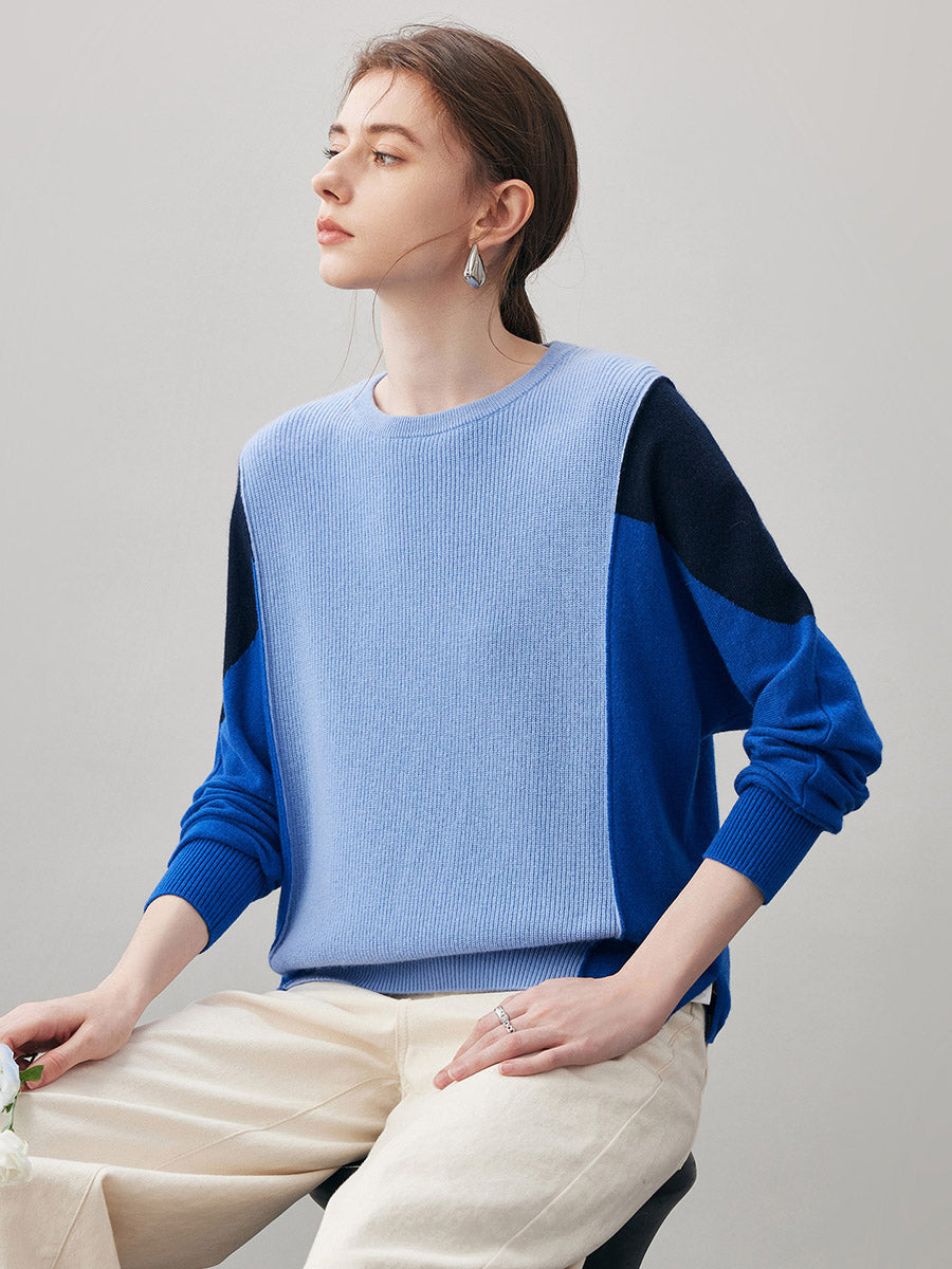 COMOBOCA 100% Cashmere Women's Color Block Round Neck Knit Sweater