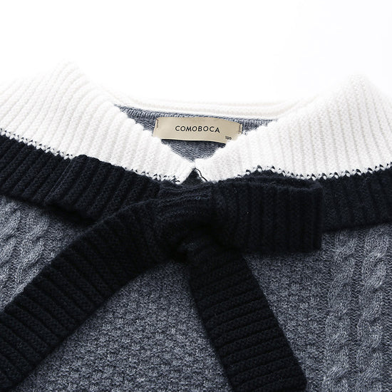 COMOBOCA 100% Wool Women's Cable Knit Sweater with Bow Collar