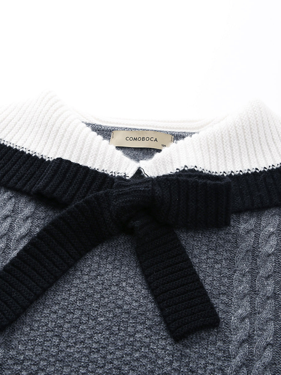 COMOBOCA 100% Wool Women's Cable Knit Sweater with Bow Collar