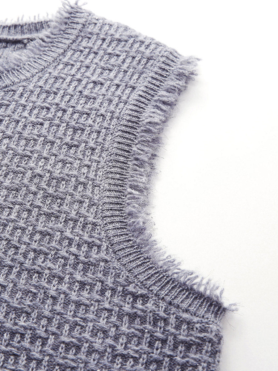 COMOBOCA 100% Wool Women's Button Down Frayed Hem Knit Vest