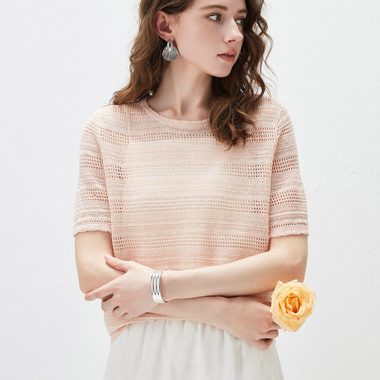 COMOBOCA Light Pink Women's Openwork Mesh Knit T-Shirt