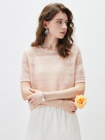 COMOBOCA Light Pink Women's Openwork Mesh Knit T-Shirt
