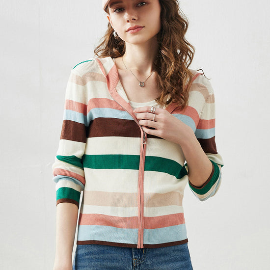 COMOBOCA Orange Women's Versatile Striped Zip-Up Hoodie Cardigan