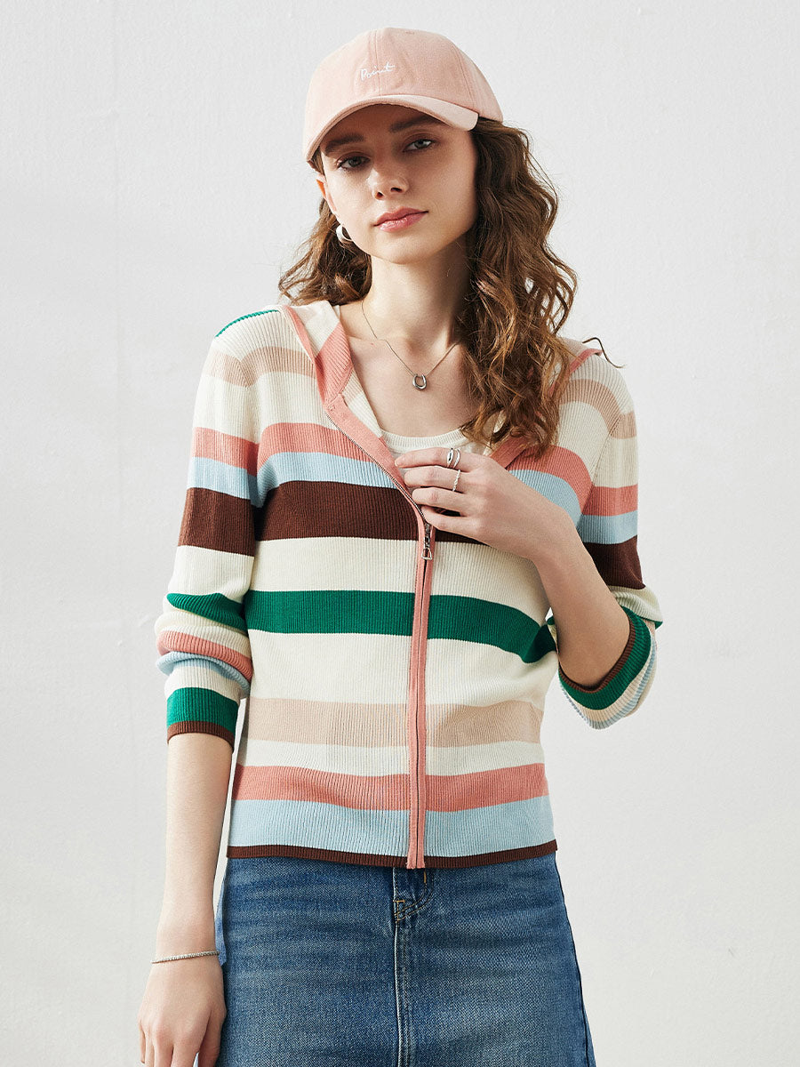 COMOBOCA Orange Women's Versatile Striped Zip-Up Hoodie Cardigan
