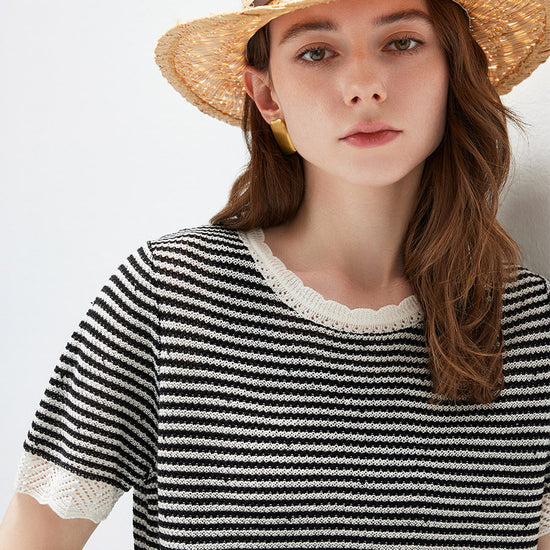 COMOBOCA Women's Drawstring Striped Lace Trim Knit T-Shirt
