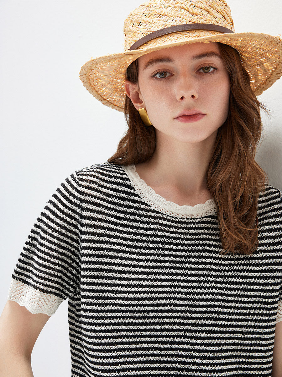 COMOBOCA Women's Drawstring Striped Lace Trim Knit T-Shirt