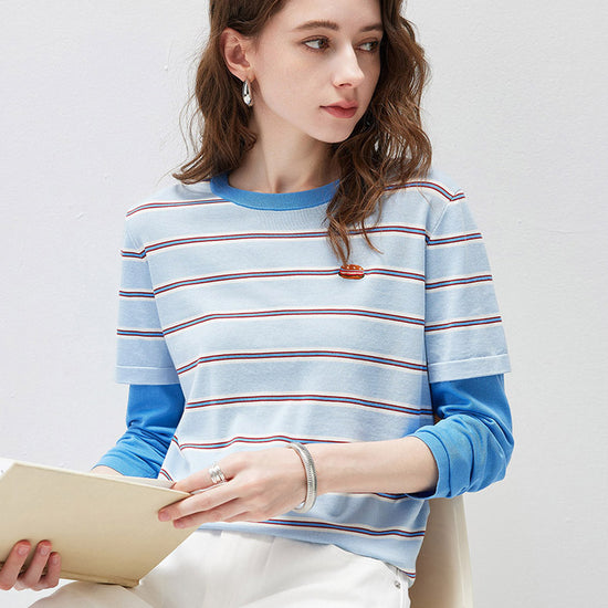 COMOBOCA Women's Layered Striped Round Neck Knit Sweater