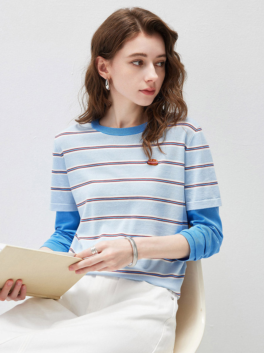 COMOBOCA Women's Layered Striped Round Neck Knit Sweater