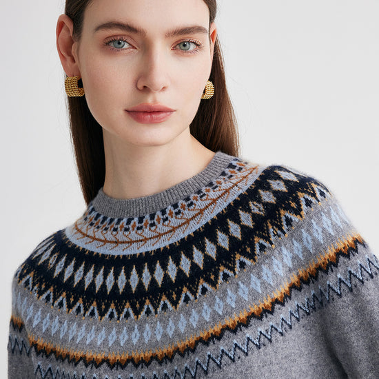 COMOBOCA 100% Cashmere Women's Fair Isle Round Neck Sweater