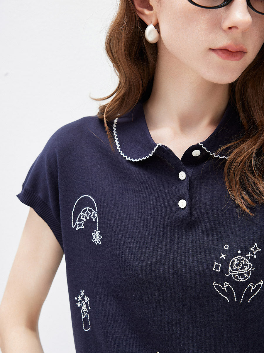 COMOBOCA Women's Embroidered Collared Knit T-Shirt