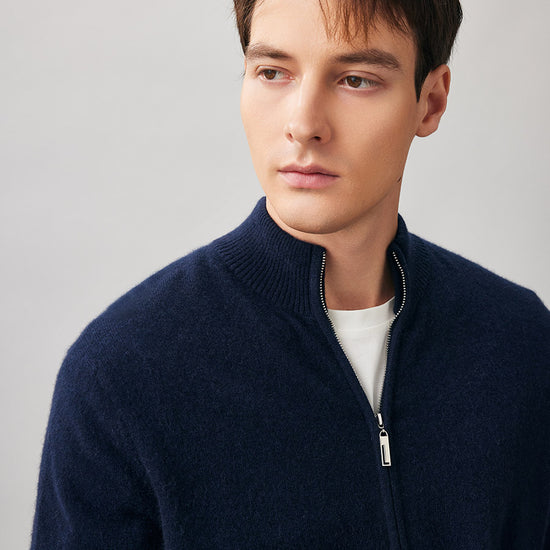 COMOBOCA 100% Cashmere Men's Full Zip Mock Neck Knit Cardigan