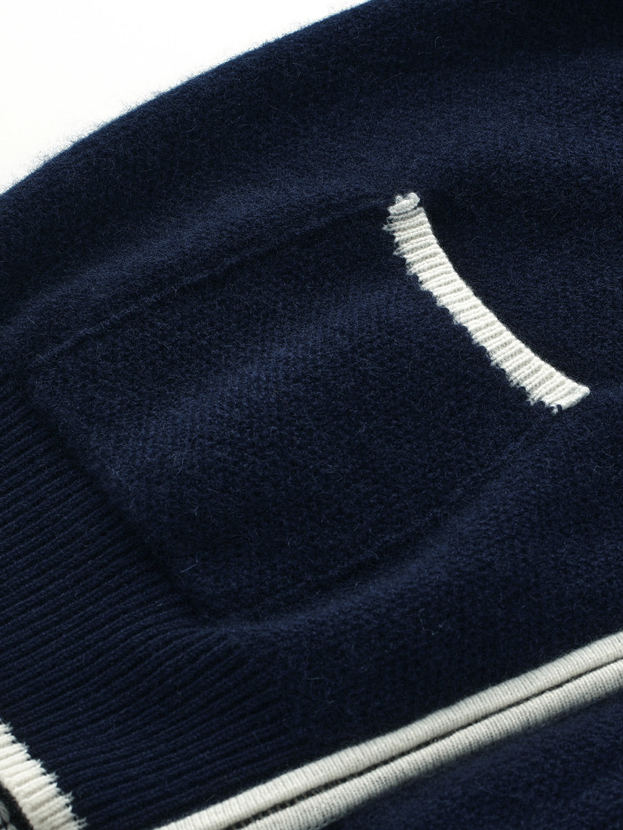 COMOBOCA 100% Cashmere Women's Contrast Collar Double Zip Cardigan