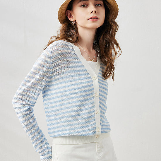 COMOBOCA Light Blue Women's Striped Ribbed Cardigan