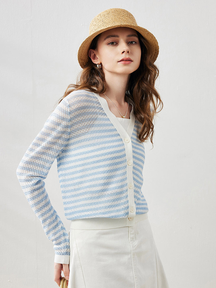 COMOBOCA Light Blue Women's Striped Ribbed Cardigan