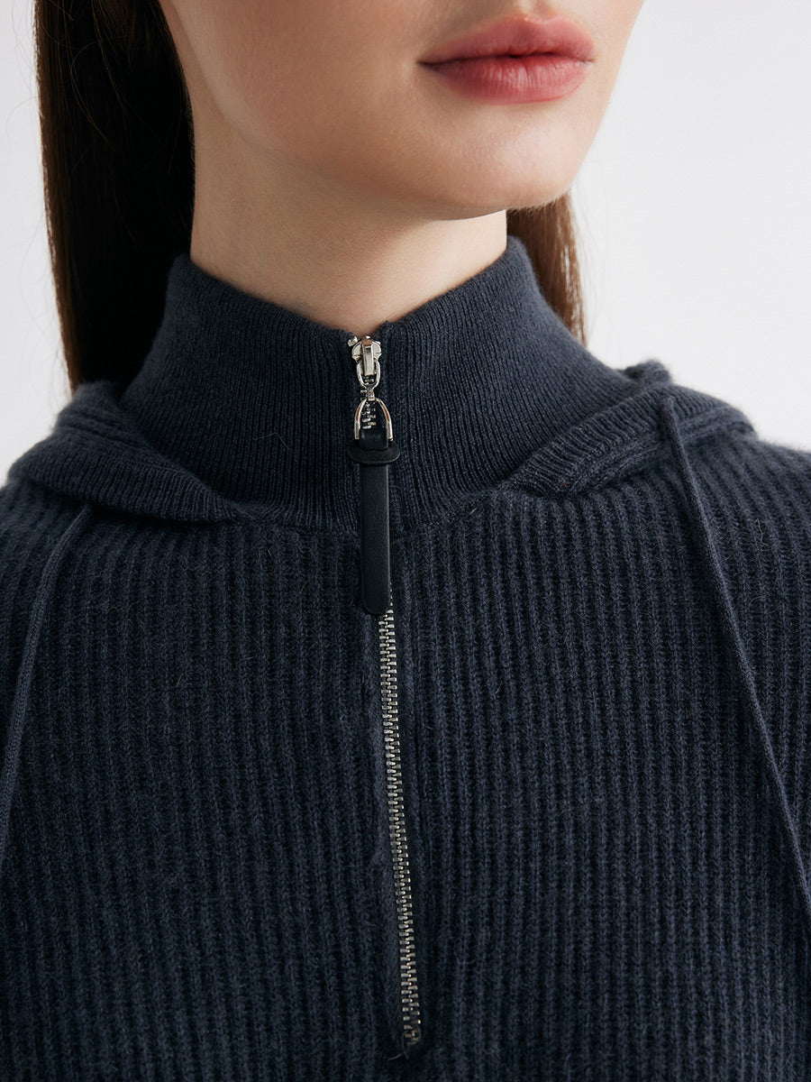 COMOBOCA 100% Cashmere Women's Ribbed Knit Hoodie