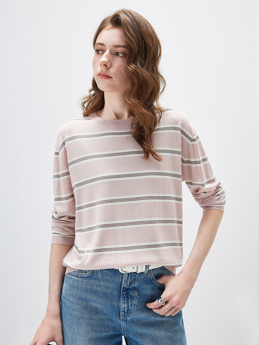 COMOBOCA Women's Striped Round Neck Knit Sweater