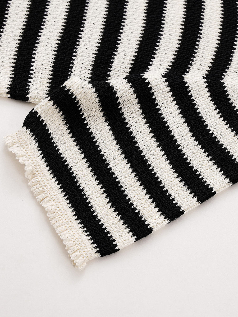 COMOBOCA Women's Tie-Neck Striped Knit T-Shirt