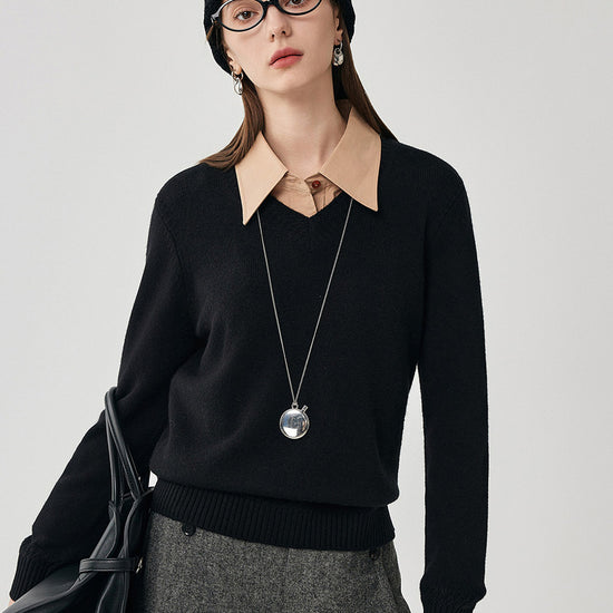 COMOBOCA 100% Wool Women's V-Neck Ribbed Knit Sweater