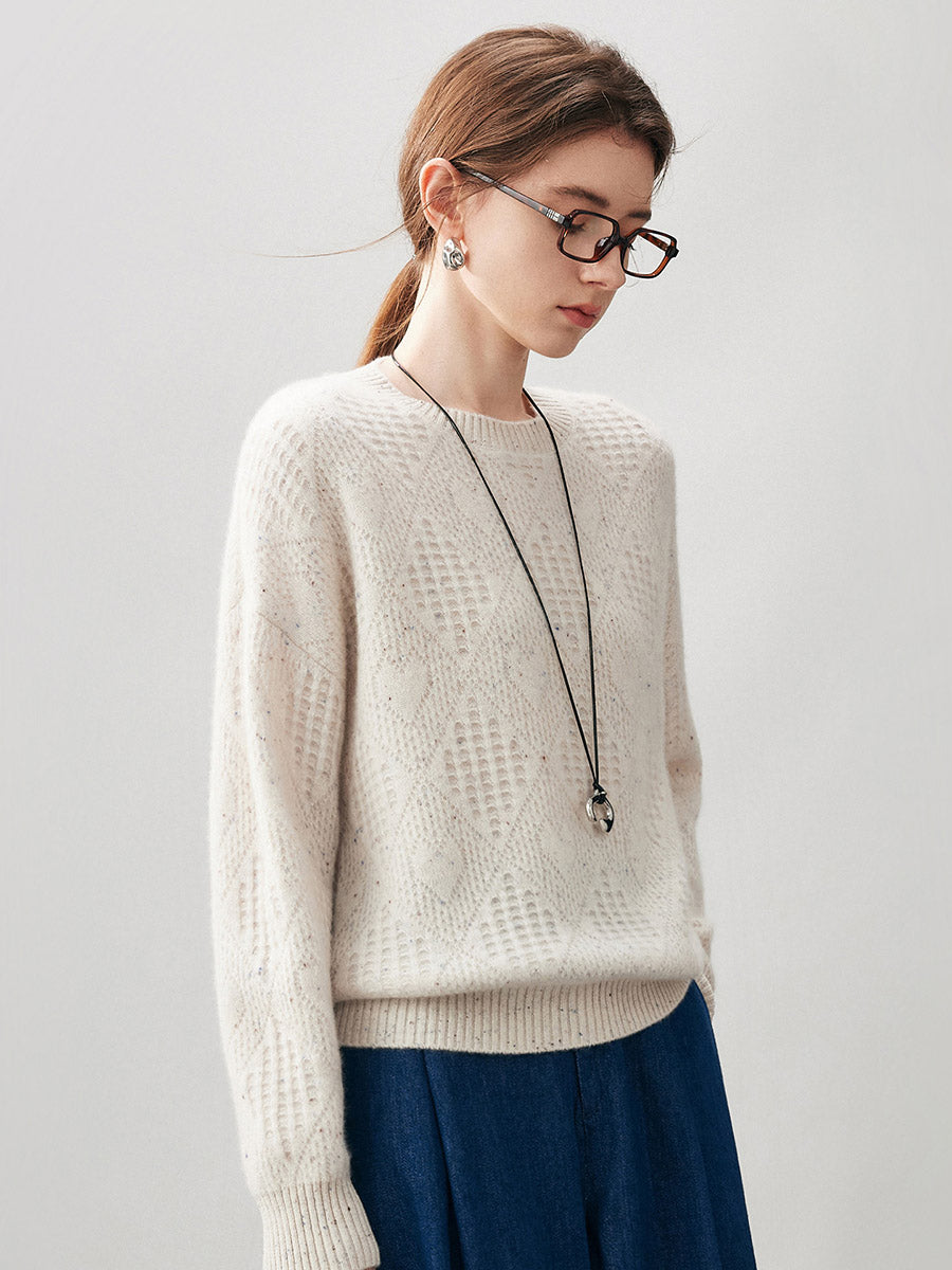 COMOBOCA 100% Cashmere Women's Openwork Knit Round Neck Sweater